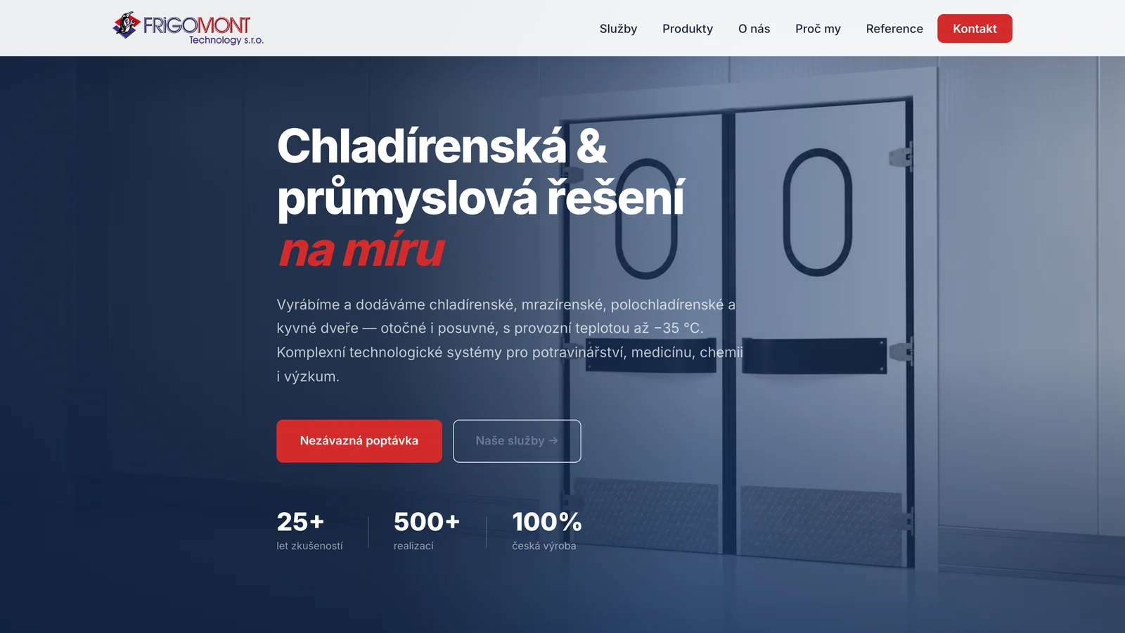 Nový web Frigomont Technology: nadpis „Chladírenská a průmyslová řešení na míru“, tlačítko na nezávaznou poptávku a fotka dvoukřídlých chladírenských dveří.